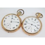 Two gold plated Waltham open face pocket watches, circa 1898 & 1908, both having signed white enamel