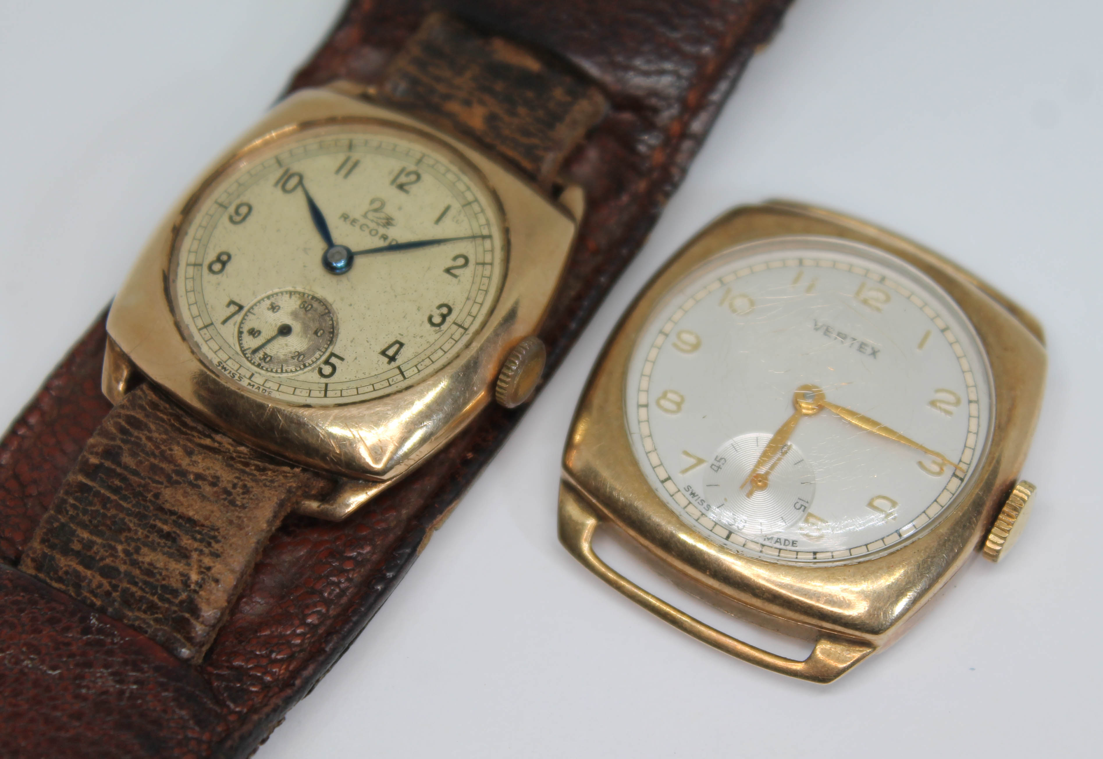 Two 1950s hallmarked 9ct gold 15 jewel wristwatches comprising a Record and a Vertex Revue, both