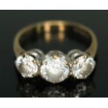 A hallmarked 9ct gold three stone cubic zirconia ring, gross wt. 2.86g, size M.