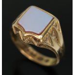 A Victorian 18ct gold shield shape agate signet ring, sponsor's mark 'W.R'. Birmingham 1870, gross