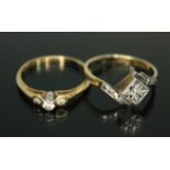 A hallmarked 18ct gold diamond ring and another marked '18ct', gross wt. 3.17g, size J.