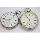 Two Victorian hallmarked silver key wind open faced pocket watches, the first with unsigned white