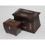 A George III mahogany tea caddy with ball feet and a mother of pearl inlaid rosewood tea caddy.
