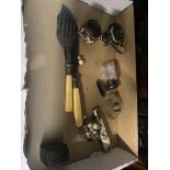 Box of collectable items to include cut glass bottle with silvertop, ingwell, pen knife, napkin