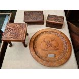 WWII Baltic Displaced People Camp large carved wooden award plaque + 2 carved wooden boxes + carved