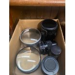 4 Vintage camera lenses inc Carl Zeiss, Minolta, Tamron, Pentacon and 2 large bullseye magnifying