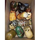 A box of assorted owl Russian dolls and lidded pots etc.