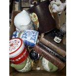 A box of assorted owl biscuit tins and jars etc.