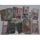 A collection of world banknotes (17), including France, Germany, Netherlands, Italy, China, USA,
