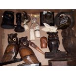 Assorted owl collectables including carved wood, bog oak, carved bone, metal ware etc.