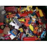 A box containing various vintage die-cast vehicles including Dinky, Triang, Matchbox, Corgi etc