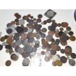 A tub of vintage coins and tokens. These include Iron bridge at Coalbrook Dale 1792; Liverpool