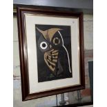 Kaoru Kawano (Japanese, 1916-1965), study of an owl, woodblock print, 25cm x 37.5cm, signed lower