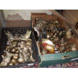 Twit twoo boxes of assorted metal owl ornaments, mainly brass.