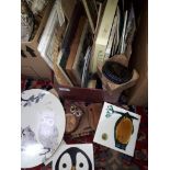 A box of assorted owl coasters, placemats and tiles etc.