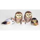 A group of five Royal Crown Derby owl paperweights, two with gold stoppers.