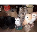 A small collection of assorted owl statues.