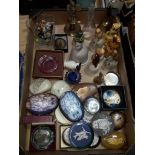 A box of assorted owl collectables to iclude paperweights, bells and glass miniatures.