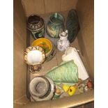 A box containing various items of pottery including Poole pottery, Shorter & Son pottery, a Spode