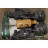 A box of old bottles and two spelter figures etc.