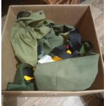 A box containing Airflo waders, Airflo chest waders and a Wychwood life jacket.