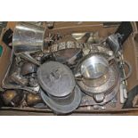 A box of assorted silver plate including a nurses belt, tobacco jar, tray, cutlery etc.
