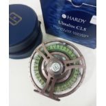 A Hardy Ulralite 9000 CLS fly fishing reel, loaded with fly line, with case and original box. Good