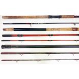Three vintage fishing rods; a 13' Shakespeare 3 piece salmon/ trout rod, an 11' Berkley Grayfite