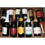 A box containing eleven bottles of mainly sparking wines.