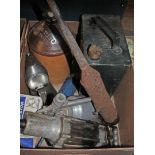 A box of motoring memorabilia to include a petrol can, grease gun, large oil pourer and a Chelmsford