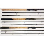 Three match fishing/ float rods; a 13' Shimano three piece Compre match rod, a 14' Ron Thompson