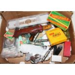 A box of assorted items including mineral samples, a Nordic knife, whistles, a Swatch watch etc.