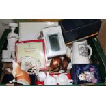 A box of misc. including a miniature Spode tea set, an Old Tupton ware teddy bear, various