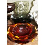 A Murano glass geode bowl, an Orrefors smoked glass bowl and a SKLO Union glass vase.
