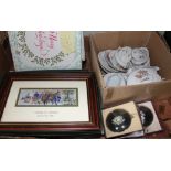 A box of misc. including a miniature dinner set, five silk miniatures and two collectors plates etc.