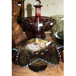 Czech/Bohemian ruby glass pedestal bowl & decanter and a Carnival glass bowl.