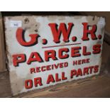 A Great Western Railway parcels double-sided enamel sign 45cm x 30cm.