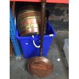 A box of metalware and other items to include brass jugs, coal scuttle, warming pan, barometer,