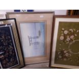 2 Japanese silk pictures, framed and glazed. and a large Japanese watercolour by Wada