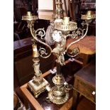 A brass candelabra style table lamp (height 85cm) and another brass and onyx table lamp (height