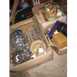 Three boxes of assorted items including spotlights, light shades, plated ware and books