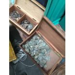 2 wooden boxes of WW1 military uniform buttons, etc, excavated and recovered from a field hospital