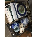 Box of pottery inc. a coffee grinder and a box of collectors plates