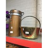 A brass jam pan and a large Thermos vacuum vessel.