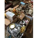 Eight boxes of mixed glass and pottery, ornaments, Stainless Steel ware, Brass bell weights,