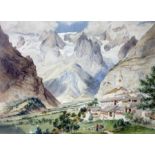 Swiss Late 19th/20th Century School, Grindelwald Switzerland, Eiger in background, watercolour, 53cm