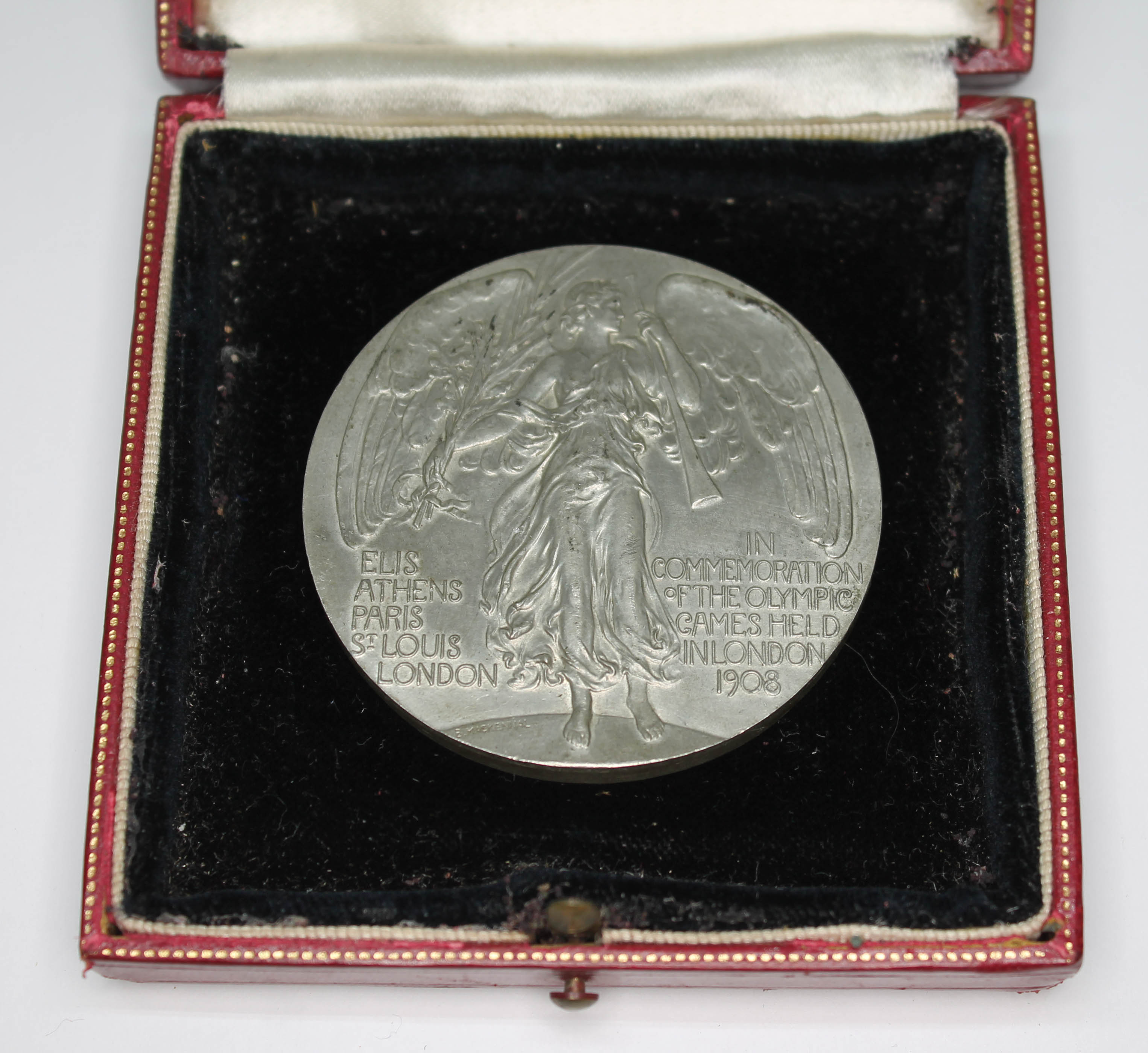 London 1908 Olympic Games participant?s medal by B. Mackennal for Vaughton, Victory stood holding