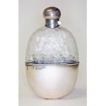 A Victorian silver and etched glass hip flask, of oval form with bayonet fitting, William Hutton &