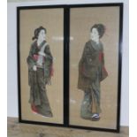 Japanese School, a pair of paintings on silk depicting Bijin women, 30cm x 65cm, unsigned, glazed