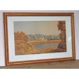 Manner of Samuel Palmer, lake scene with shepherd, watercolour, 46cm x 28cm, unsigned, glazed and